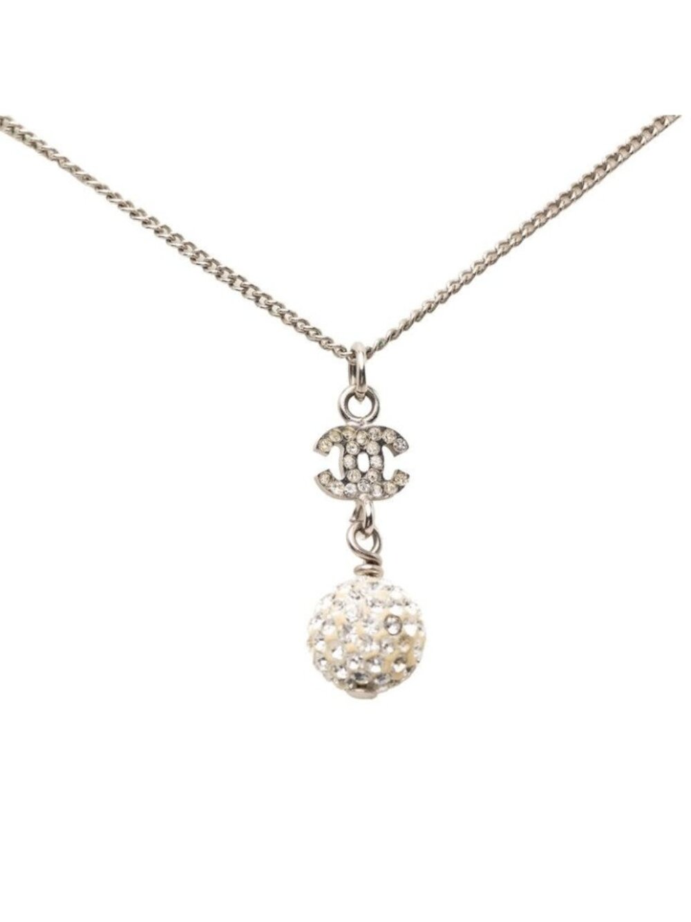 Chanel CC Logo Rhinestone Ball Motif Necklace Silver Metal